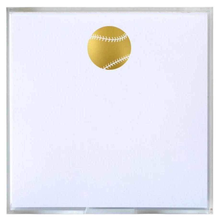 The Black Ink Baseball Small Paddie features a gold baseball with white stitching at the top of a blank notepad, creating a unique writing surface against a crisp white square background.
