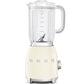 The SMEG Blender Collection by Smeg features a cream-colored, powder-coated body and Tritan BPA-Free jug with measurement markings, stainless steel dual blades, a transparent container, and chrome-accented dial for effortless blending.