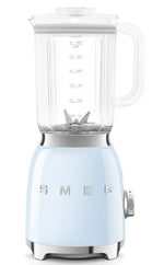 The SMEG Blender Collection from Smeg in pastel blue boasts a Tritan BPA-Free jug with measurements, a powder-coated exterior, stainless steel dual blades, and a stylish silver control knob, perfectly blending style and functionality.