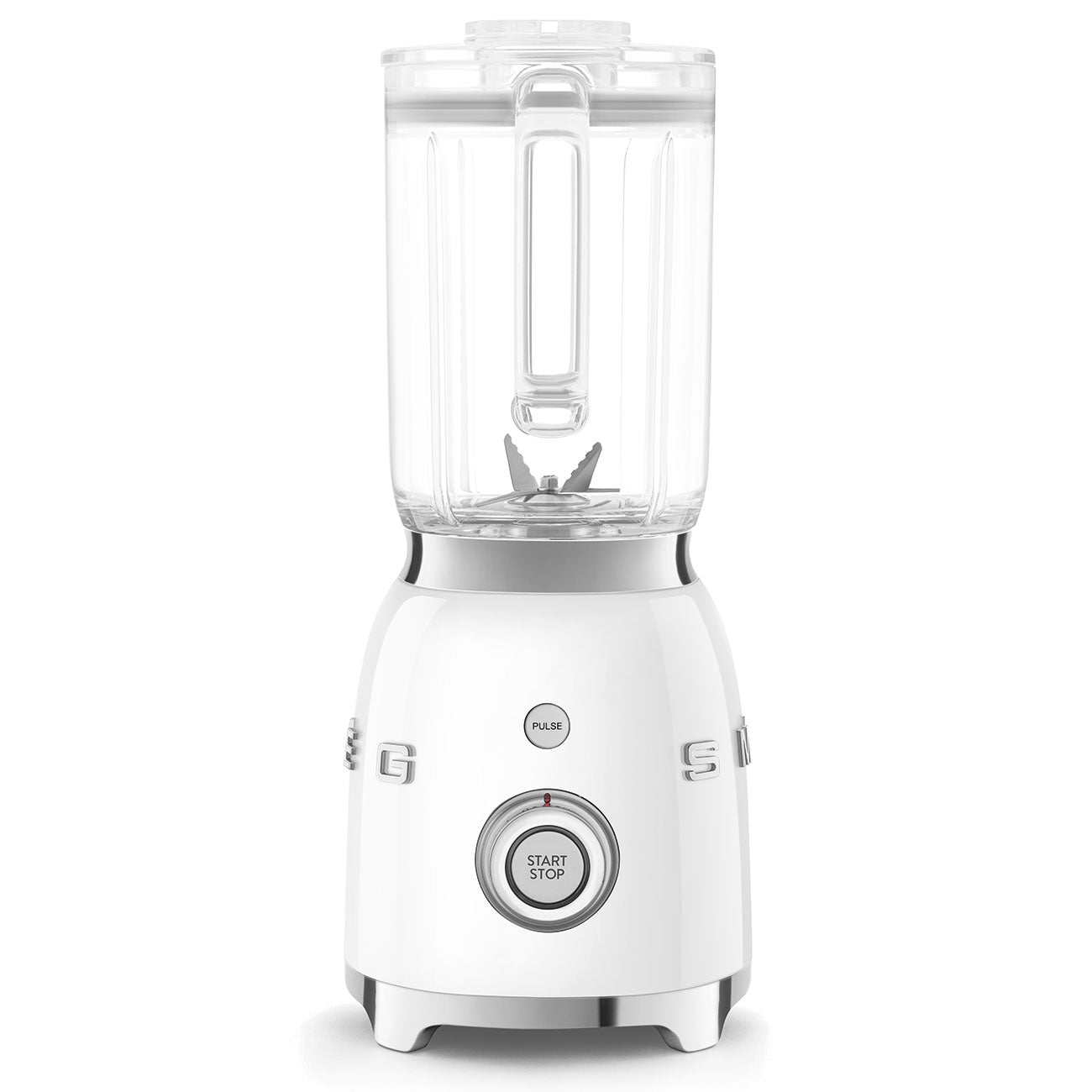 A sleek Smeg Blender Collection piece featuring dual metal blades and a clear plastic container, complete with a large round start/stop button on its base.