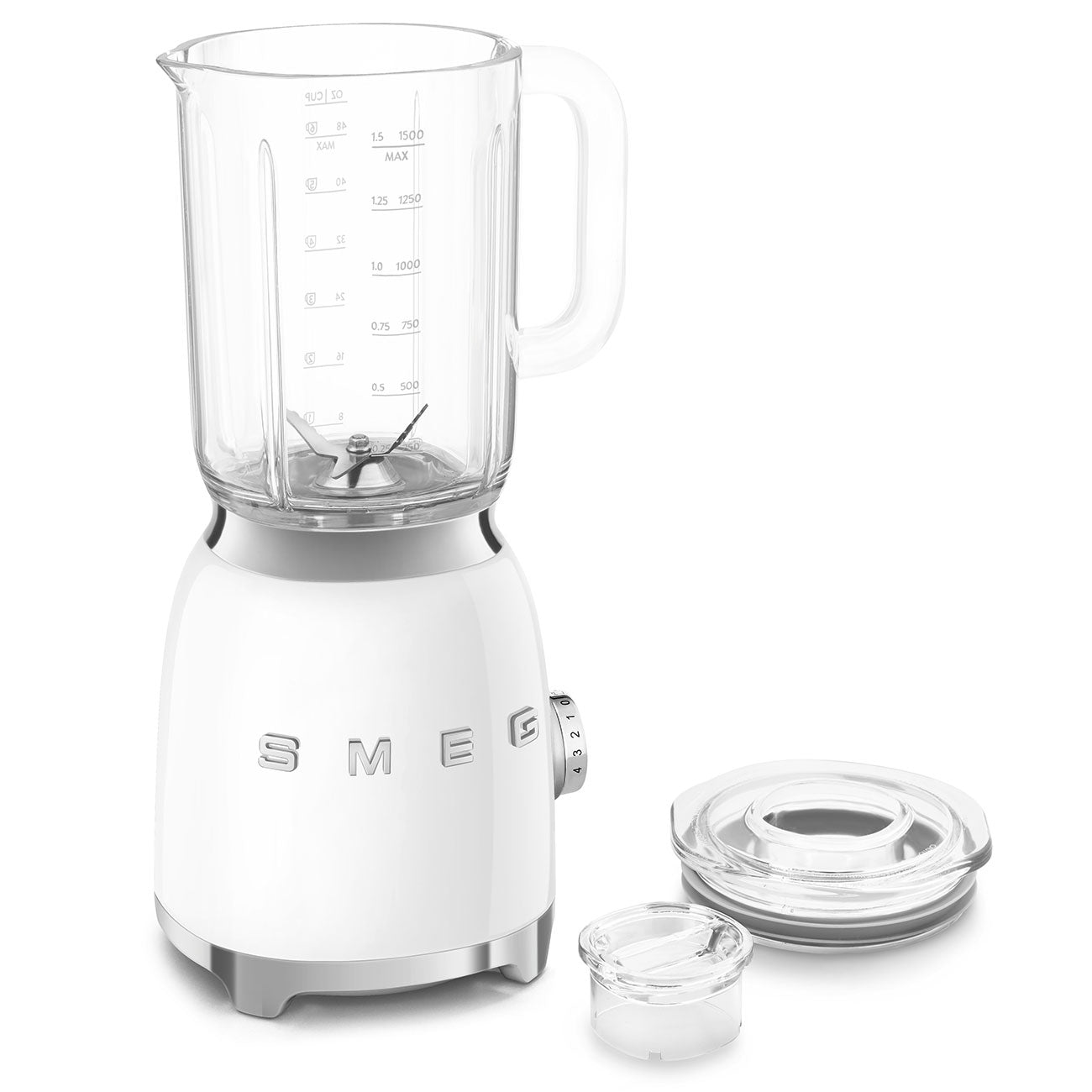 The SMEG Blender Collection by Smeg includes a white blender with dual blades and a clear glass pitcher marked for measurement. The labeled base has a knob control, and the separate lids come with a small glass accessory for added versatility.