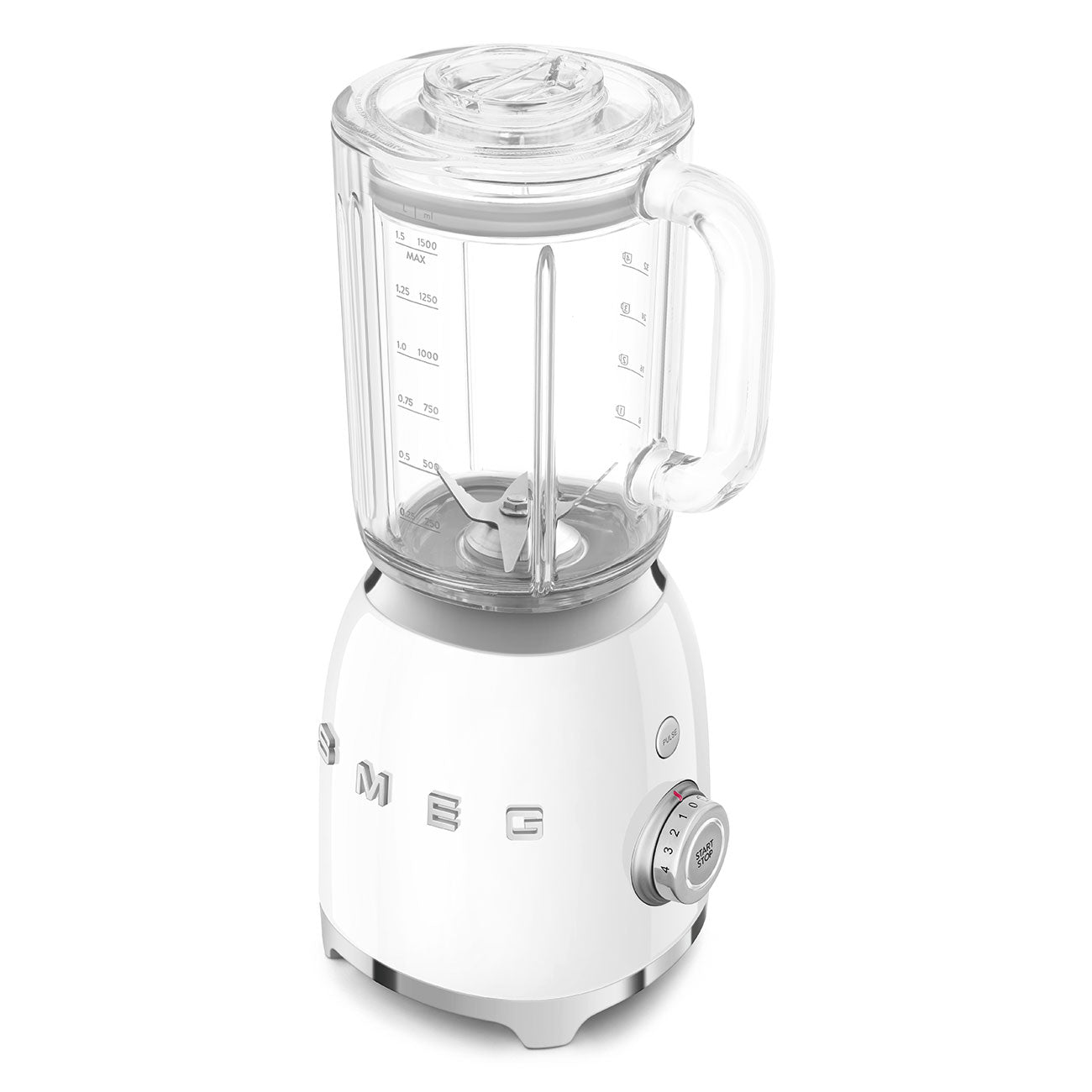The SMEG Blender Collection by Smeg boasts dual blades in a glass pitcher with lid and measurement markings. Its sleek design includes a control knob and base buttons, offering both style and functionality for any kitchen task.