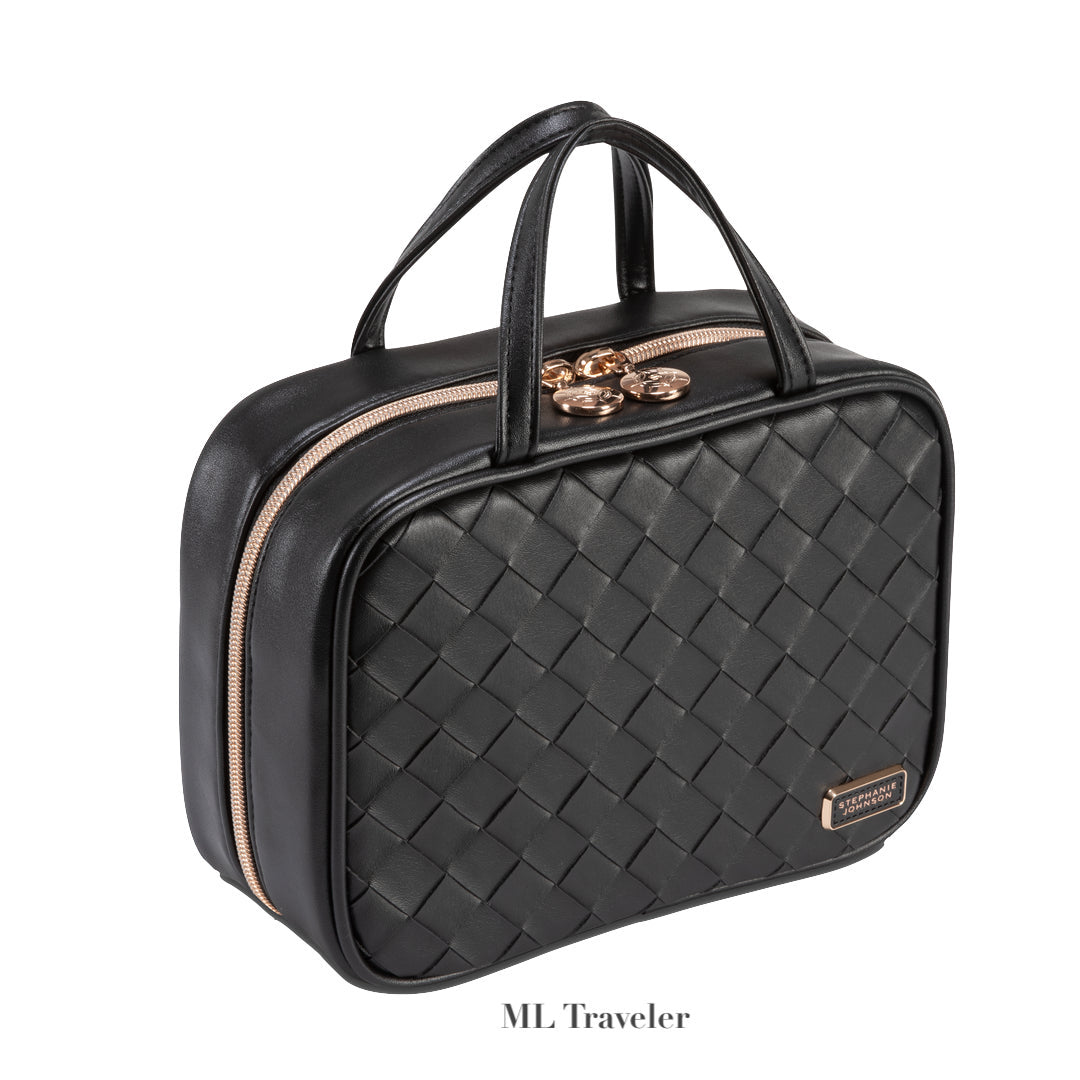 The Stephanie Johnson Belize Raven Travel Collection features a black woven leather bag with two top handles, dual zippers, removable compartments, and a metal label on the front. "ML Traveler" appears below the bag.