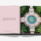 An open book, The Boca Raton: A Century of Being Iconic by Assouline, displays a quote on the left—"The architecture creates a graceful dialogue between past and present"—and an overhead photo of the resort's geometric garden on the right.
