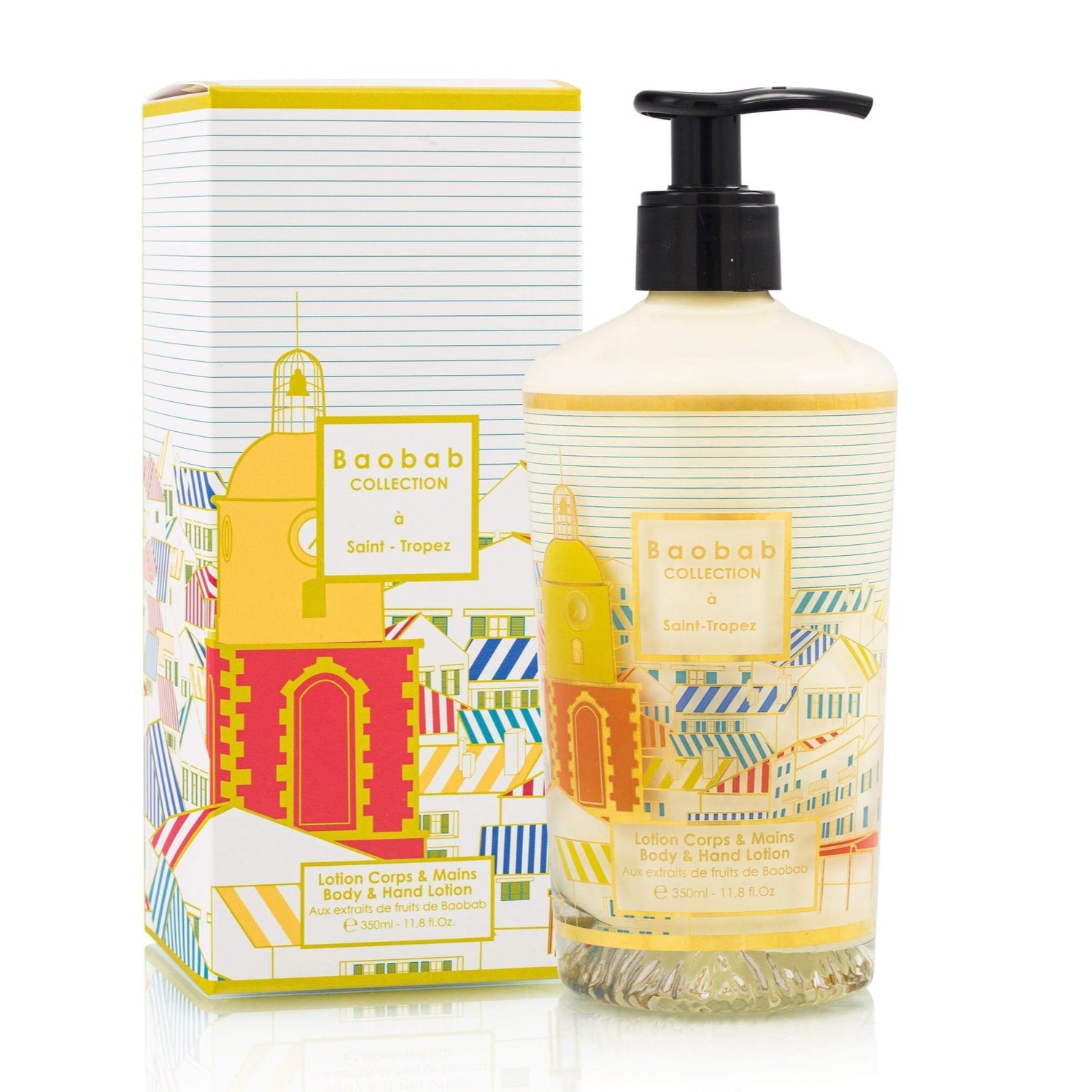 The Baobab Collection Saint Tropez Body Wellness Collection by Baobab includes a body and hand lotion in a decorative box with a vibrant building design, offering a fresh, summery scent.