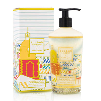 The Baobab Collection Saint Tropez Body Wellness Collection by Baobab includes a body and hand lotion in a decorative box with a vibrant building design, offering a fresh, summery scent.