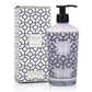 A bottle and box of Baobab Gentlemen Body Wellness Collection lotion, featuring a blue and white geometric design and a refined masculine scent from Baobab.