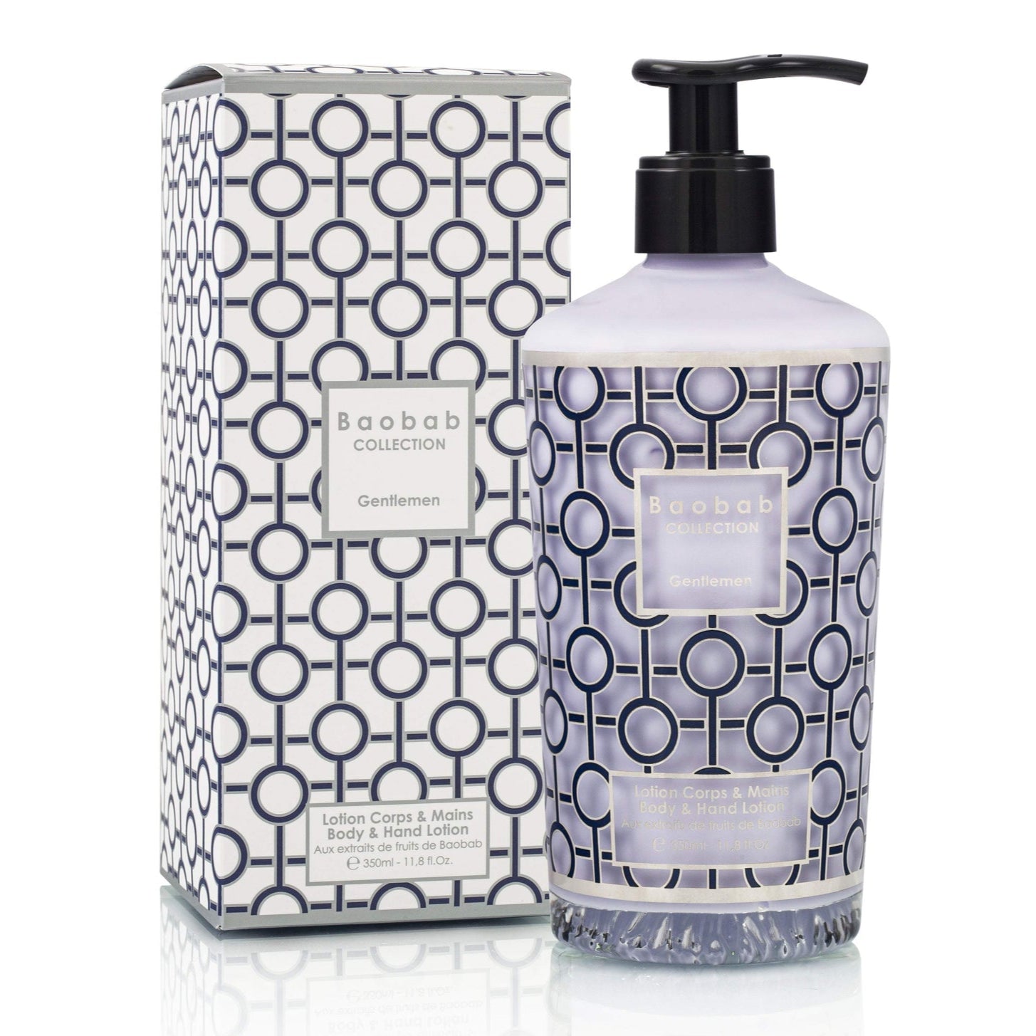 A bottle and box of Baobab Gentlemen Body Wellness Collection lotion, featuring a blue and white geometric design and a refined masculine scent from Baobab.