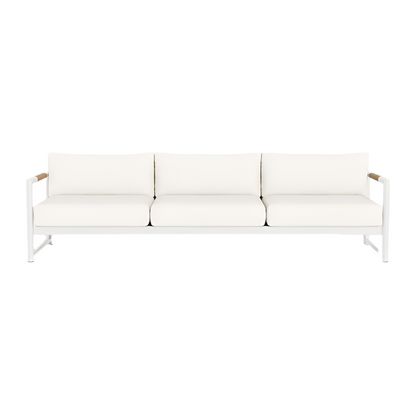 The HARBOUR OUTDOOR Breeze XL Sofa in White Panama Blanco features a minimalist metal frame and straight armrests, making it a perfect modern outdoor three-seat sofa for contemporary spaces, shown here against a plain white background.