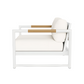 Side view of the HARBOUR OUTDOOR Breeze XL Lounge Chair in White Panama Blanco, featuring a white cushion, aluminum frame, and light brown solid teak armrest accents.