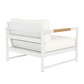 The HARBOUR OUTDOOR Breeze XL Lounge Chair in White Panama Blanco features an aluminum frame, solid teak armrest accents, and plush white cushions, shown from the back left angle.