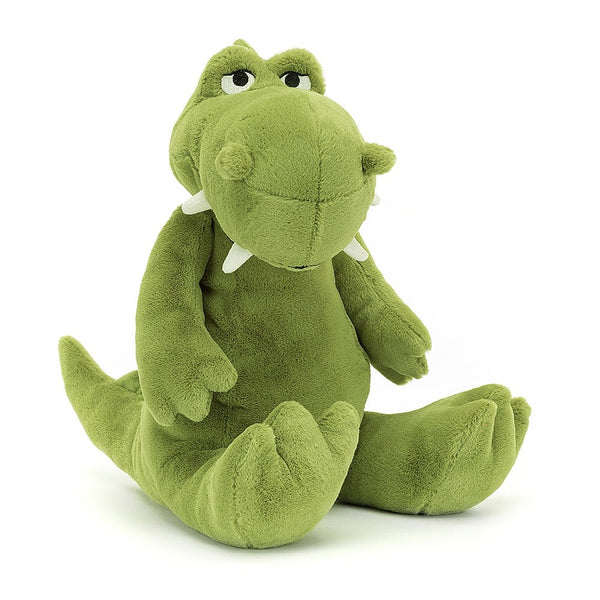 Jellycat Bryno Dino, a green stuffed crocodile on a white background..
