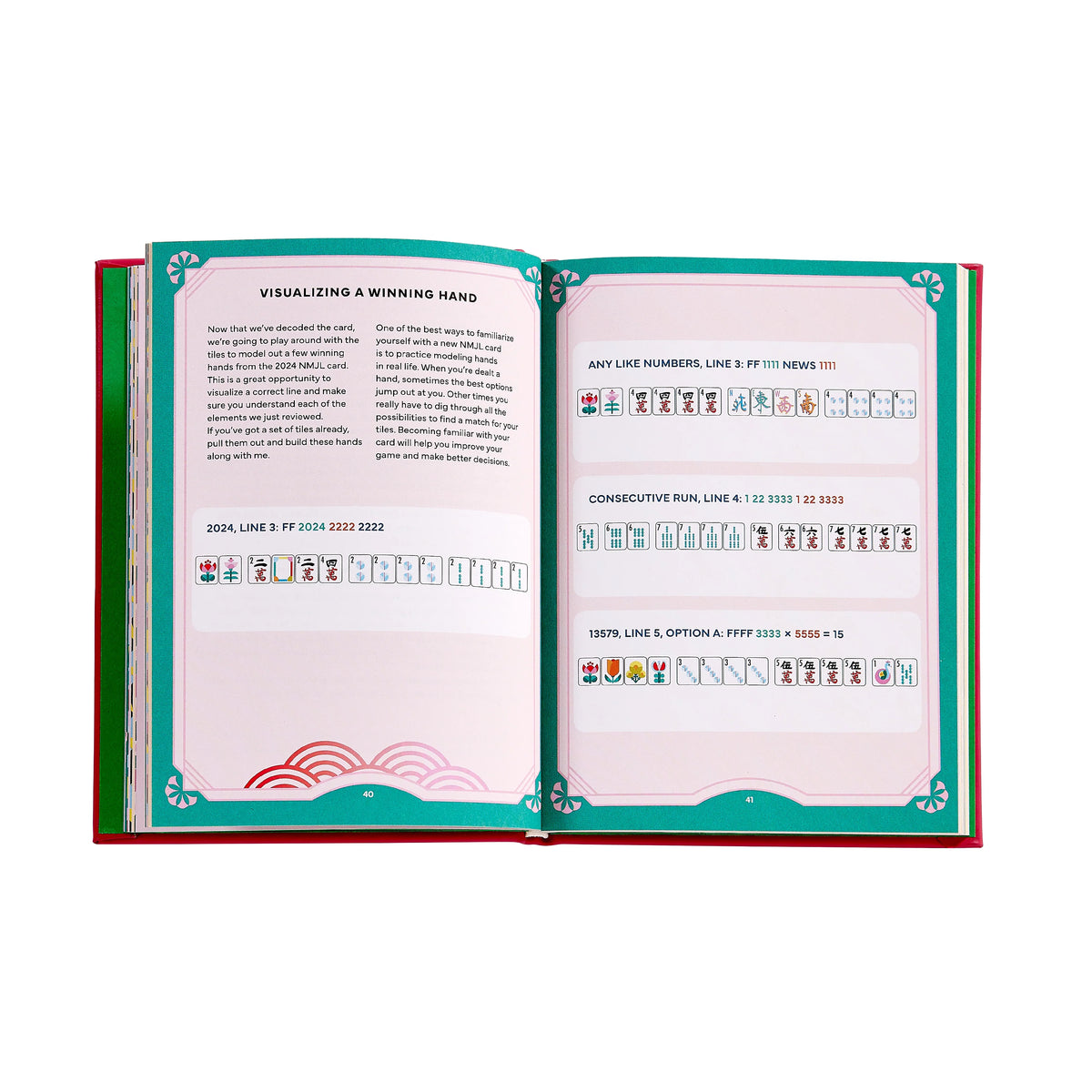An open book, Play Mahjong! by Graphic Image, displays pages explaining Mahjong winning hands with text, diagrams of Mahjong tiles, and colorful borders—offering valuable insights into mahjong strategy for players eager to enjoy or master American Mahjong.