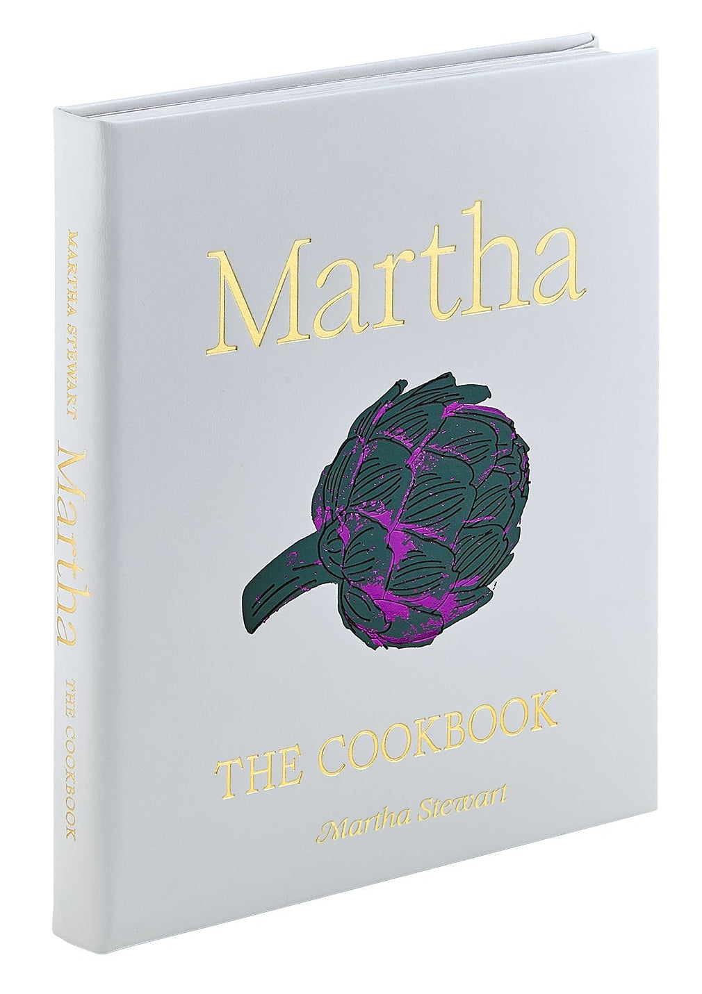 Graphic Image’s "Martha: The Cookbook, Leather Bound" features a gold title and artichoke illustration on a light gray cover and is filled with favorite Martha Stewart recipes.