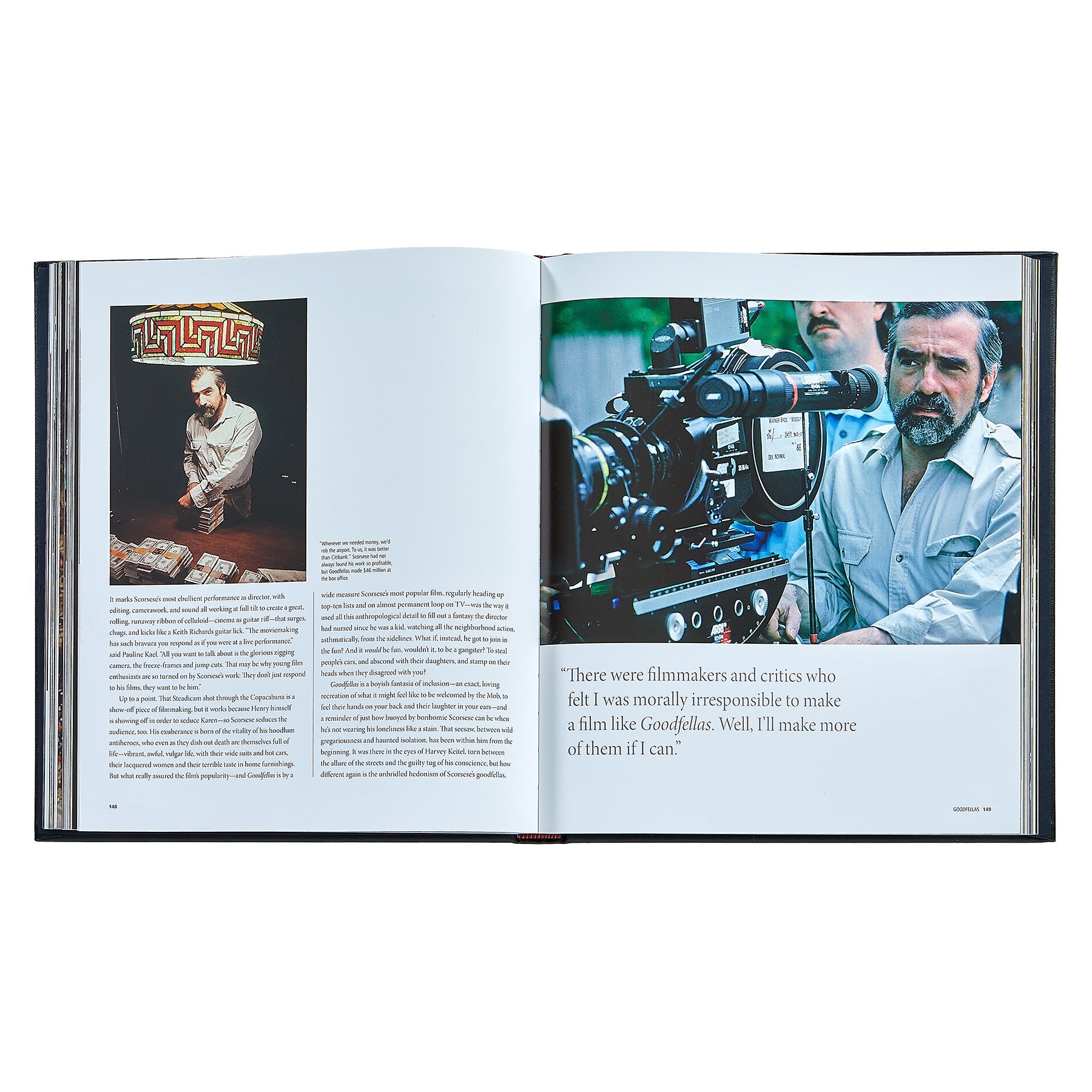 An open copy of "Martin Scorsese: A Retrospective" by Graphic Image shows a page with text and a photo of Scorsese at work, alongside a quote on filmmaking and cinema history.