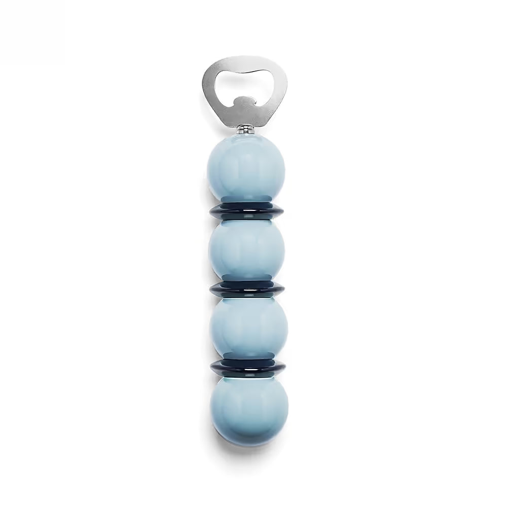 Addison Ross Bobbin Bottle Opener Collection: A stylish bottle opener with a stainless steel top and a handle of four stacked light blue spheres accented by black rings, beautifully presented against a white background—an elegant gift for any occasion.