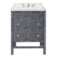The Isla Vanity Collection by Made Goods features a blue textured rattan freestanding vanity with two drawers, gold knobs, a white countertop, and gold faucet fixtures for a stylish bathroom upgrade.