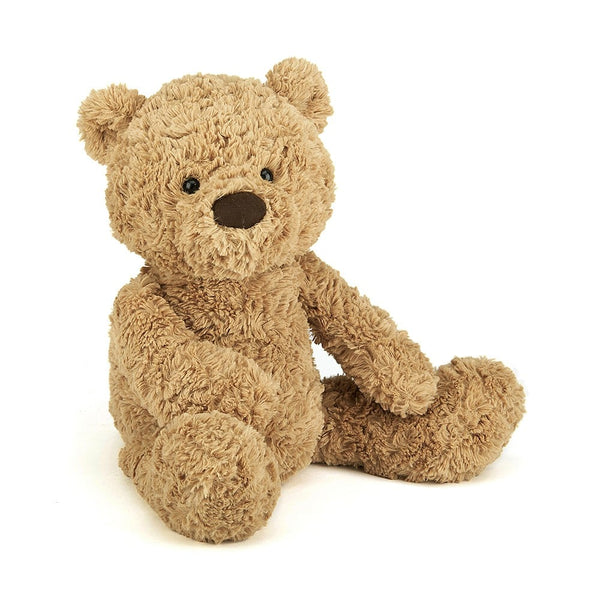 Jellycat Bumbly Bear sitting on a white background.