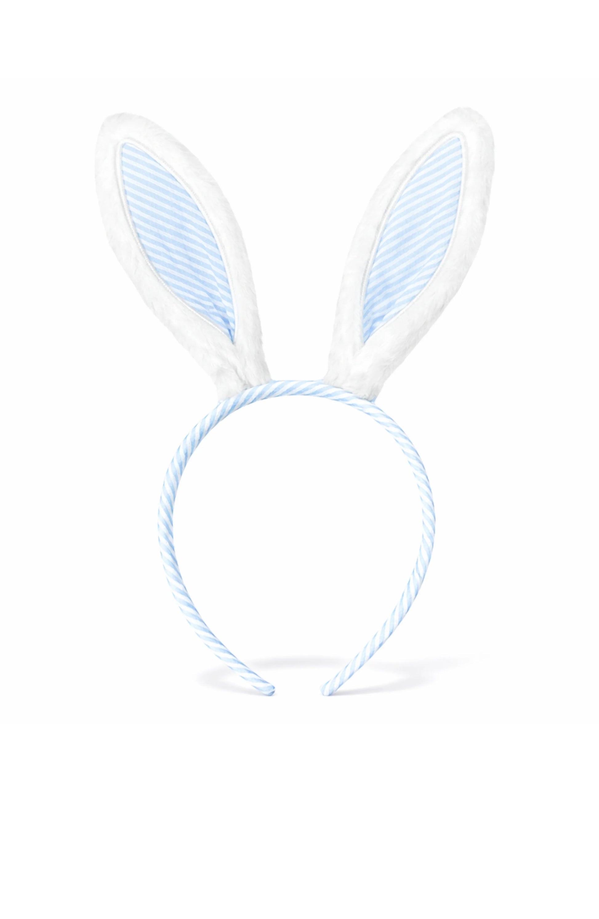The Bunny Ears Headband™ by Bits & Bows features white and blue striped seersucker ears, making it a charming Easter accessory. Shown on a plain white background.