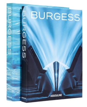 Two hardcover "Burgess Yachts" books by Assouline, each with a blue abstract cover and matching slipcase featuring geometric shapes and light effects—a refined choice for any luxury yacht library or superyachting collection.