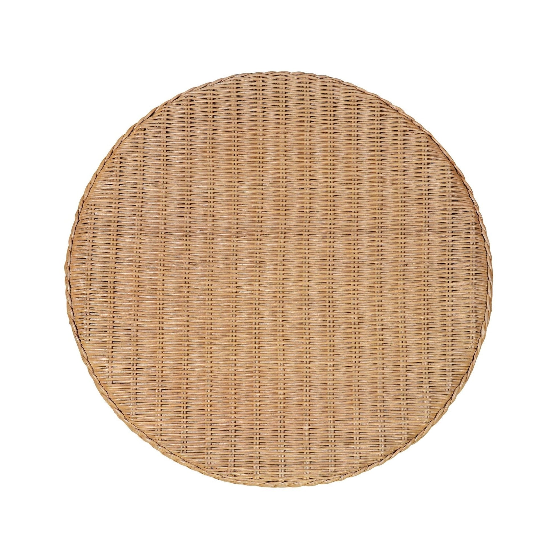 The Lucas Drinks Table by Bunny Williams features a round woven rattan top in natural light brown, reminiscent of wicker furniture, shown from above against a white background.