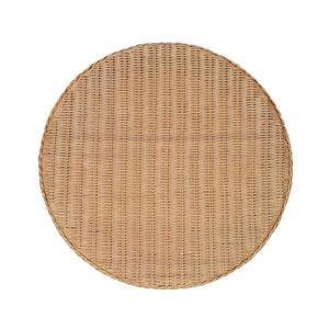 The Lucas Drinks Table by Bunny Williams features a round woven rattan top in natural light brown, reminiscent of wicker furniture, shown from above against a white background.