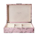 A high gloss Pink Chinoiserie Box by Addison Ross with an open lid reveals multiple cream compartments and features the brand name inside.