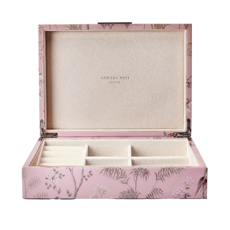 A high gloss Pink Chinoiserie Box by Addison Ross with an open lid reveals multiple cream compartments and features the brand name inside.