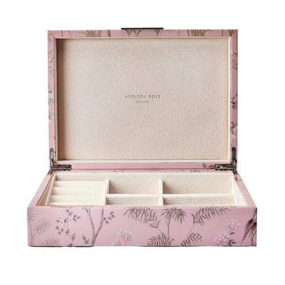 A high gloss Pink Chinoiserie Box by Addison Ross with an open lid reveals multiple cream compartments and features the brand name inside.