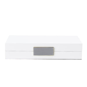 The Addison Ross White Lacquer Jewelry Box features a silver-plated clasp, adding an elegant metallic accent to its rectangular white design, shown against a plain white background.
