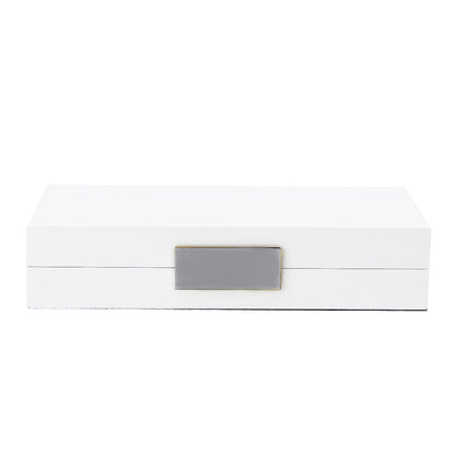 The Addison Ross White Lacquer Jewelry Box features a silver-plated clasp, adding an elegant metallic accent to its rectangular white design, shown against a plain white background.