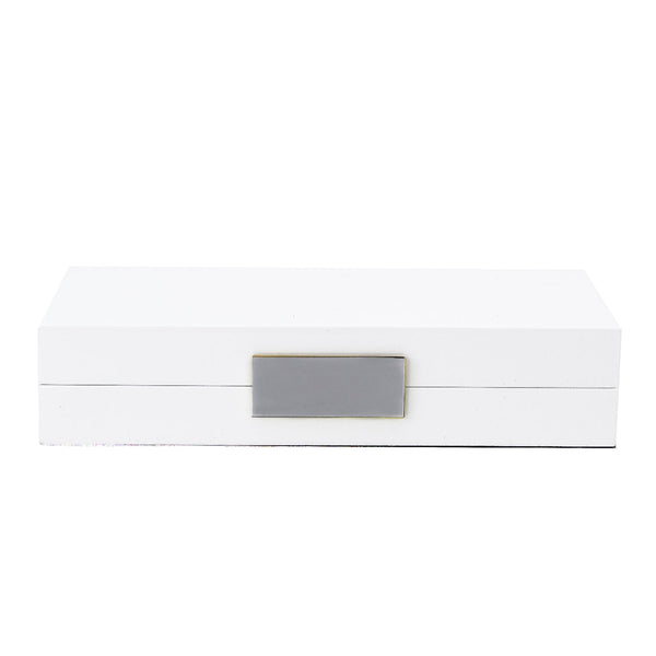 Addison Ross White Lacquer Jewelry Box boasts a sleek lacquered finish and is adorned with a silver rectangular metallic accent on the front.