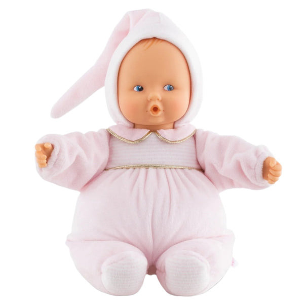 The Corolle Babipouce Sweet Dreams Doll by Corolle is a cuddly toy baby doll dressed in a white and pink outfit with a hooded hat, made from soft fabric and designed in a sitting posture, and it is machine washable for easy care.