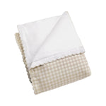 Gooselings Beige Picnic Gingham Bedding: a folded soft baby blanket in beige and white gingham, with a white scalloped edge and underside, displayed on a white background—a timeless baby gift.