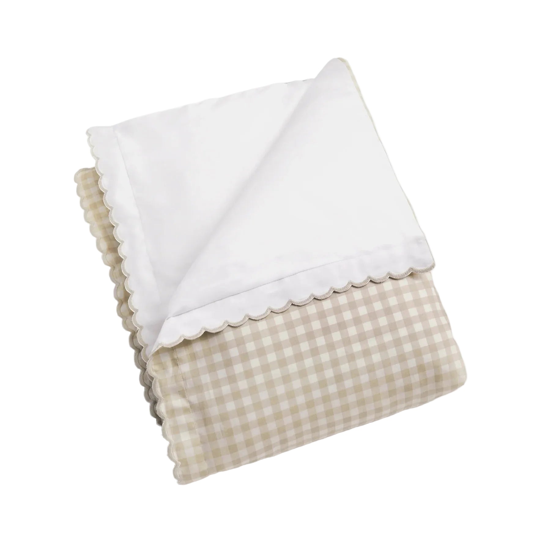 Gooselings Beige Picnic Gingham Bedding: a folded soft baby blanket in beige and white gingham, with a white scalloped edge and underside, displayed on a white background—a timeless baby gift.