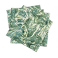 Four square napkins from the Balthazar Napkin Set by Matouk, featuring a green and white marble swirl pattern, are stacked in a slightly overlapping arrangement on a white background. These marbled table linens add a touch of elegance to any setting, making them the perfect choice for those seeking luxury napkins to elevate their dining experience.