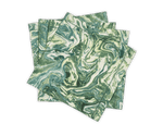 Four square napkins from the Balthazar Napkin Set by Matouk, featuring a green and white marble swirl pattern, are stacked in a slightly overlapping arrangement on a white background. These marbled table linens add a touch of elegance to any setting, making them the perfect choice for those seeking luxury napkins to elevate their dining experience.