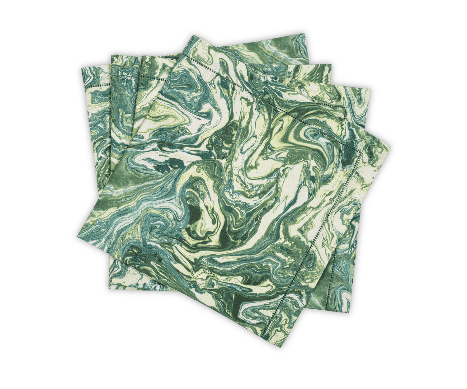 Four square napkins from the Balthazar Napkin Set by Matouk, featuring a green and white marble swirl pattern, are stacked in a slightly overlapping arrangement on a white background. These marbled table linens add a touch of elegance to any setting, making them the perfect choice for those seeking luxury napkins to elevate their dining experience.