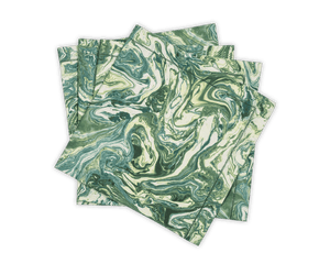 Four square napkins from the Balthazar Napkin Set by Matouk, featuring a green and white marble swirl pattern, are stacked in a slightly overlapping arrangement on a white background. These marbled table linens add a touch of elegance to any setting, making them the perfect choice for those seeking luxury napkins to elevate their dining experience.
