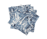 A set of four Balthazar Napkins by Matouk, featuring a striking blue and white marbled pattern, are stacked unevenly against a white background—bringing an elegant and sophisticated touch to your table setting for any occasion.