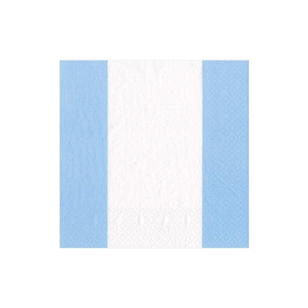 The Caspari Bandol Stripe Collection features square, eco-friendly napkins with two light blue stripes on each side and a wide white center—perfect for gatherings and sustainably made.