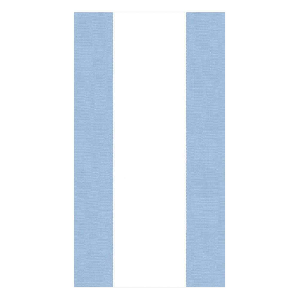 The Bandol Stripe Collection by Caspari features a vertical tricolor design with light blue outer stripes and a white center, resembling eco-friendly napkins that are gentle on the planet.