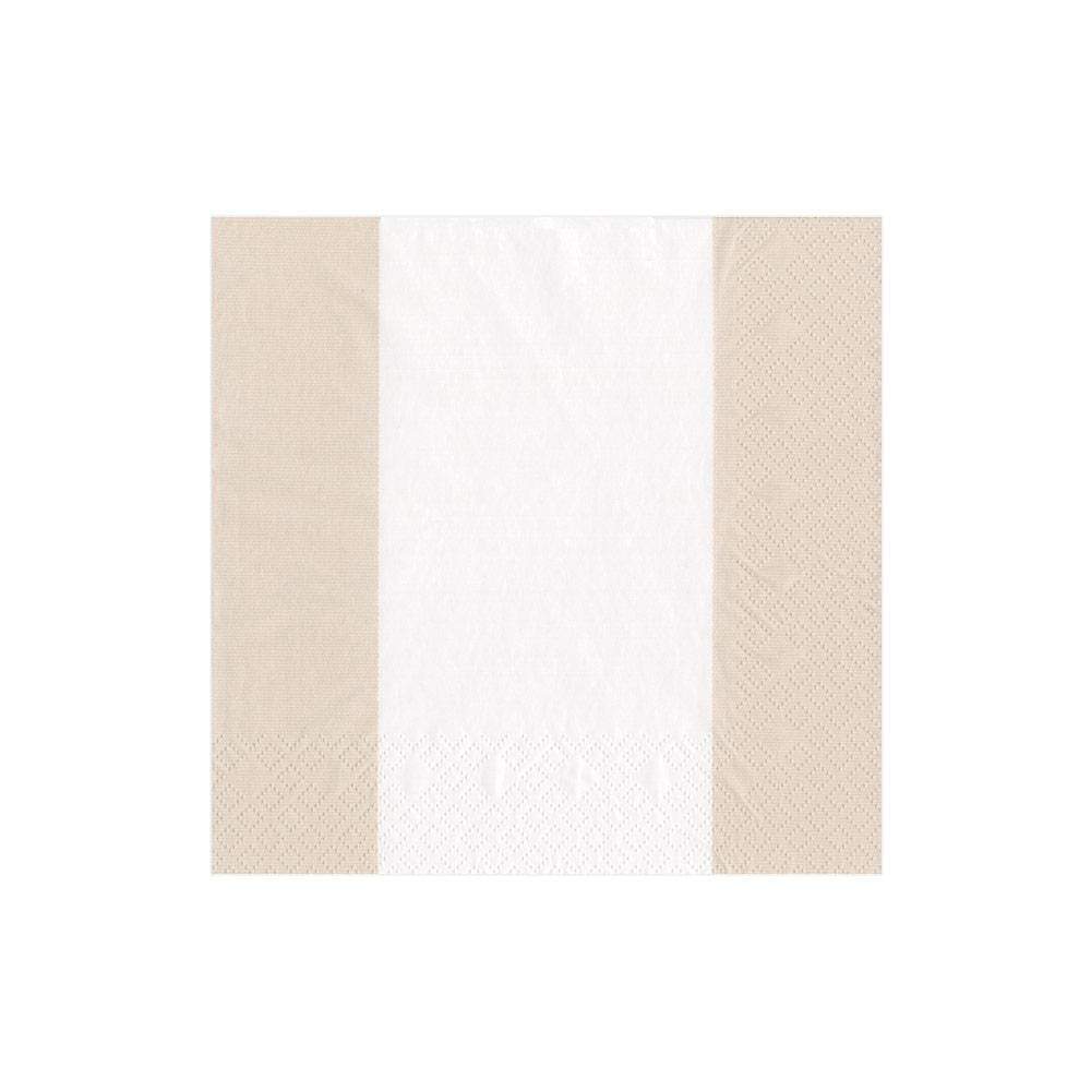 The Caspari Bandol Stripe Collection features square, eco-friendly napkins with a white center, beige side borders, and a subtle textured pattern.