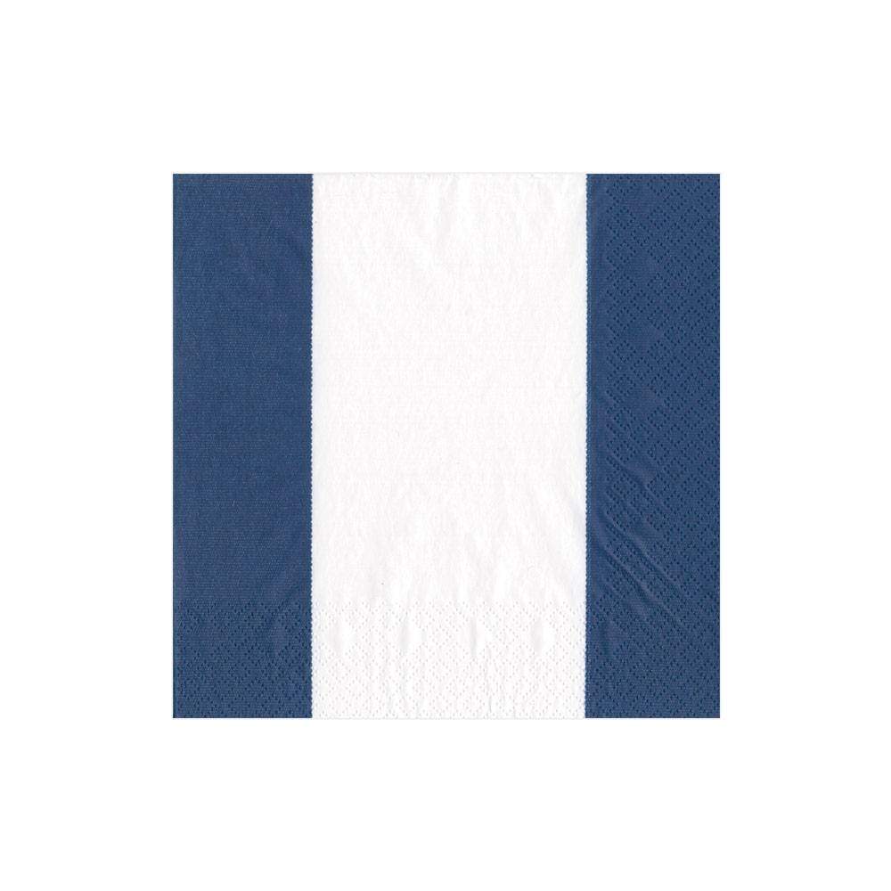 From Caspari’s Bandol Stripe Collection, this eco-friendly square napkin features a white center stripe bordered by vertical dark blue stripes on each side.