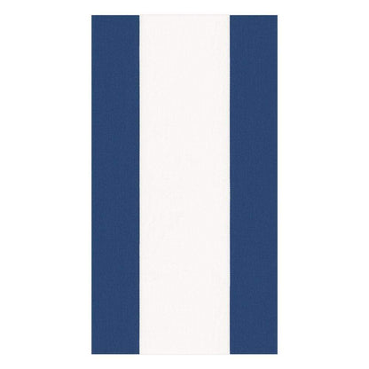 The Caspari Bandol Stripe Collection features a rectangular rug with a vertical white center stripe and wide blue stripes, ideal for pairing with eco-friendly napkins to create a sustainable, stylish space.
