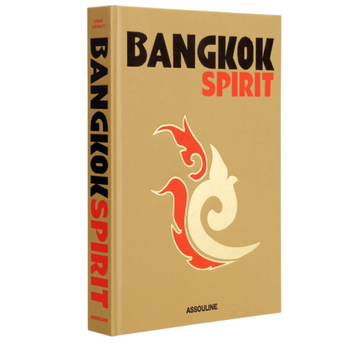 The "Bangkok Spirit" book cover by Assouline features bold black and red lettering on a tan background with an abstract design reflecting Bangkok's vibrant street-food culture and serene Buddhist temples.