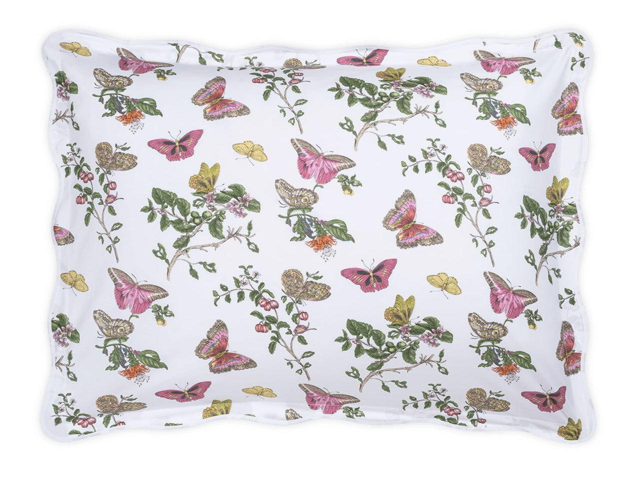 The Baudin Butterfly Pink Bedding Collection by Matouk features a rectangular pillow with a white background, adorned with pink, yellow, and brown butterflies amid green leaves and flowers. Made from soft Egyptian cotton for luxurious comfort.