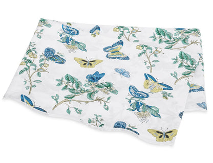 The Matouk Baudin Butterfly Blue Bedding Collection features folded white Egyptian cotton percale with botanical motifs, including blue, yellow, and green butterfly prints and leafy branches.