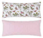 The Matouk Reversible Lumbar Pillow Collection features one butterfly and floral print pillow and one pink-and-white striped pillow, both displayed on a white background—ideal for customizable home decor.