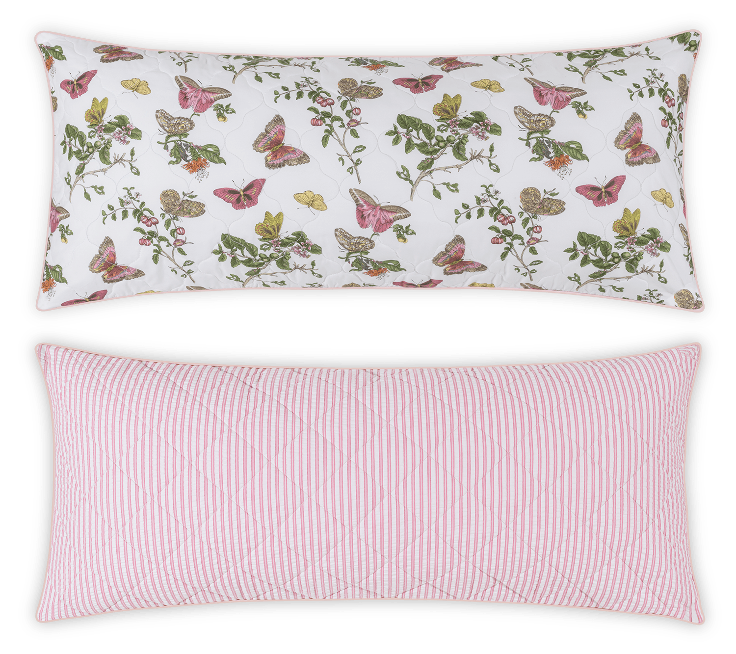 The Matouk Reversible Lumbar Pillow Collection features one butterfly and floral print pillow and one pink-and-white striped pillow, both displayed on a white background—ideal for customizable home decor.